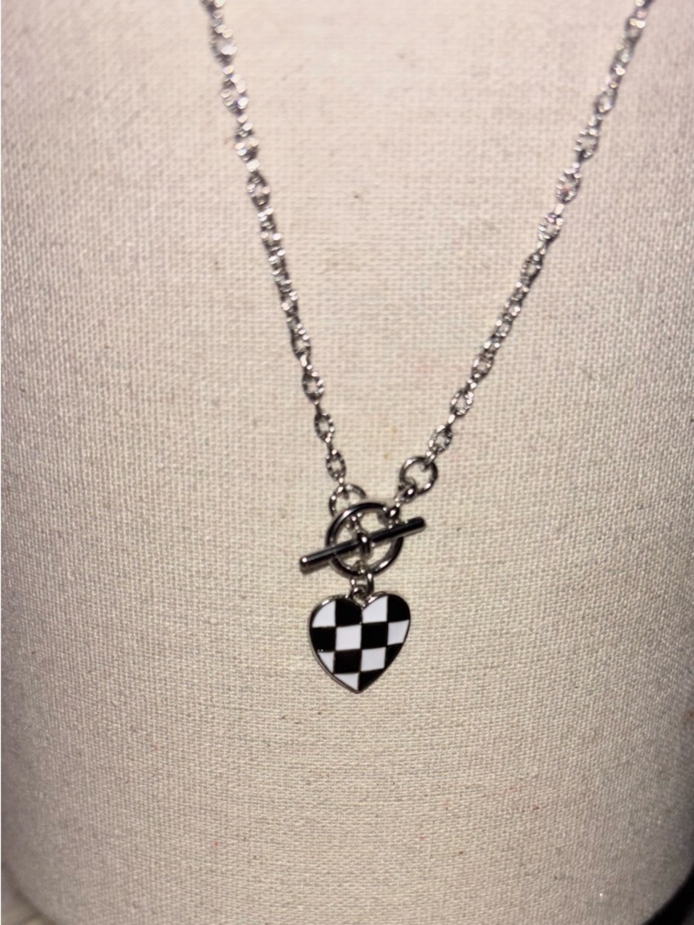 Checkerboard Heart Pendant Necklace - Black & White